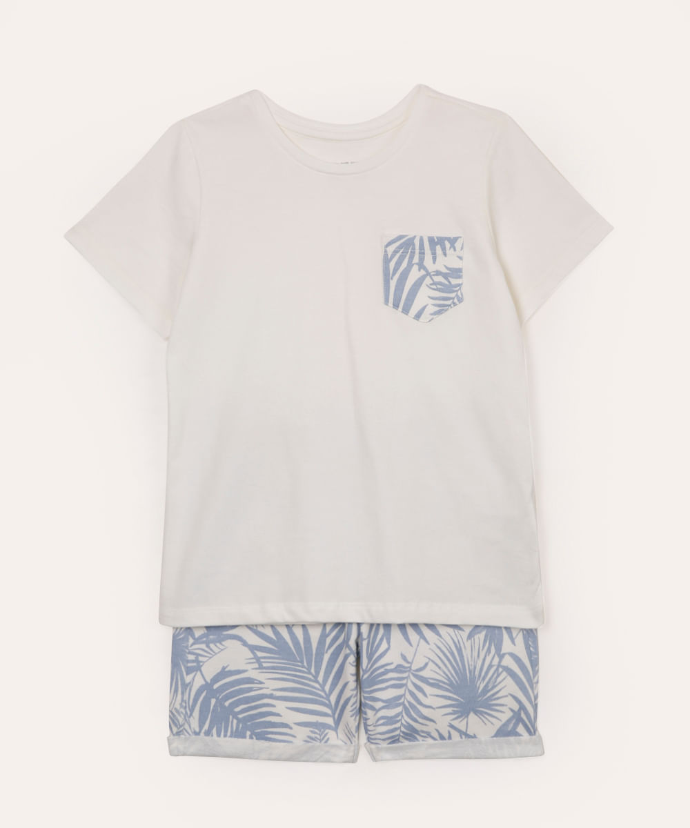 conjunto infantil camiseta manga curta folhagem e bermuda branco