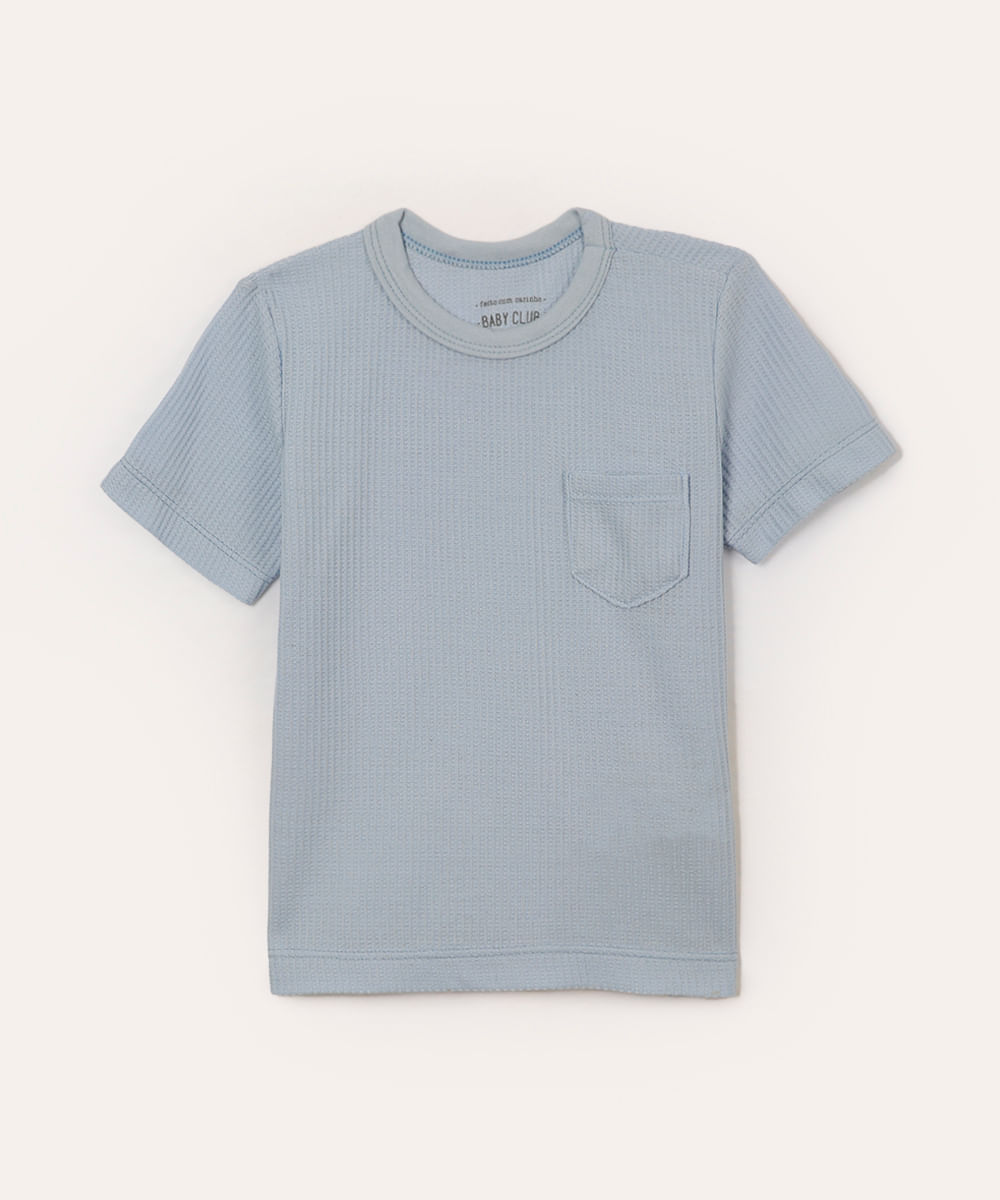 camiseta texturizada infantil com bolso azul