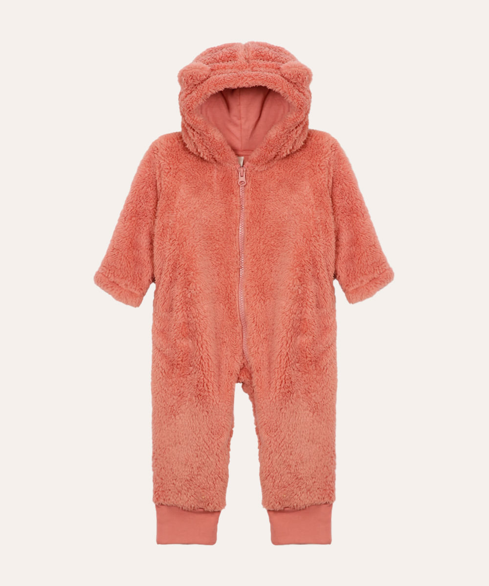 macacão infantil de pelúcia com capuz rosa