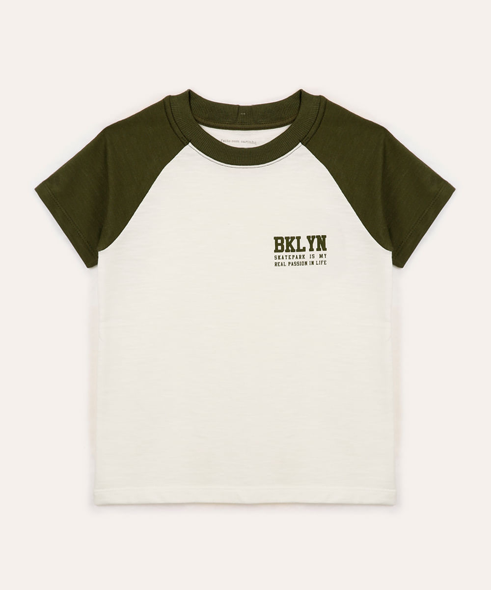 camiseta de algodão manga raglan infantil bicolor branca