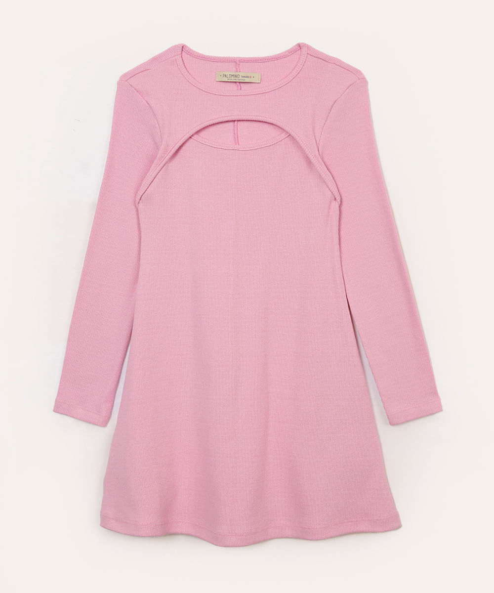 vestido de algodão infantil canelado com recorte rosa
