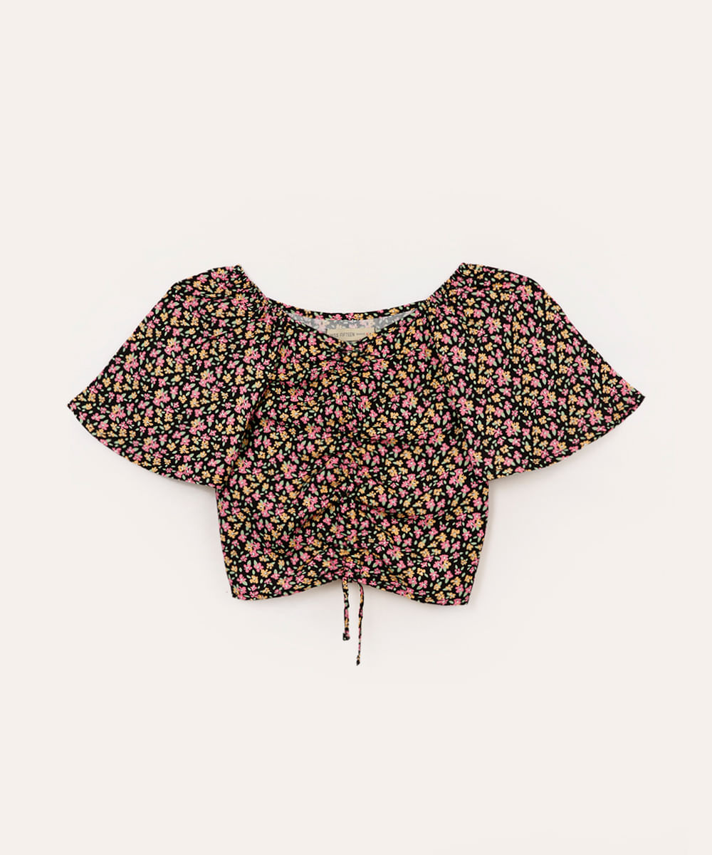 blusa de viscose infantil floral com franzido preta