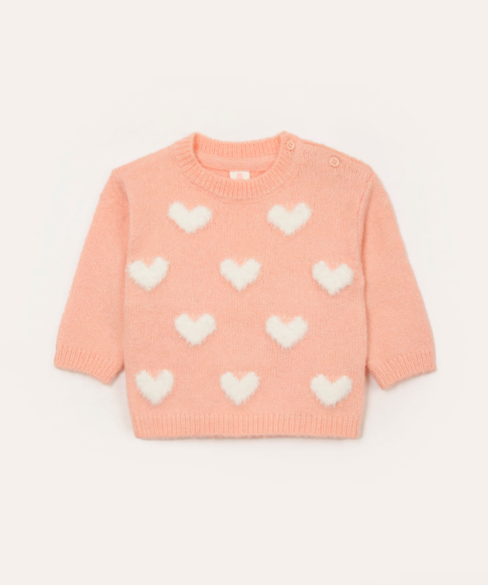 suéter de tricot infantil corações rosa