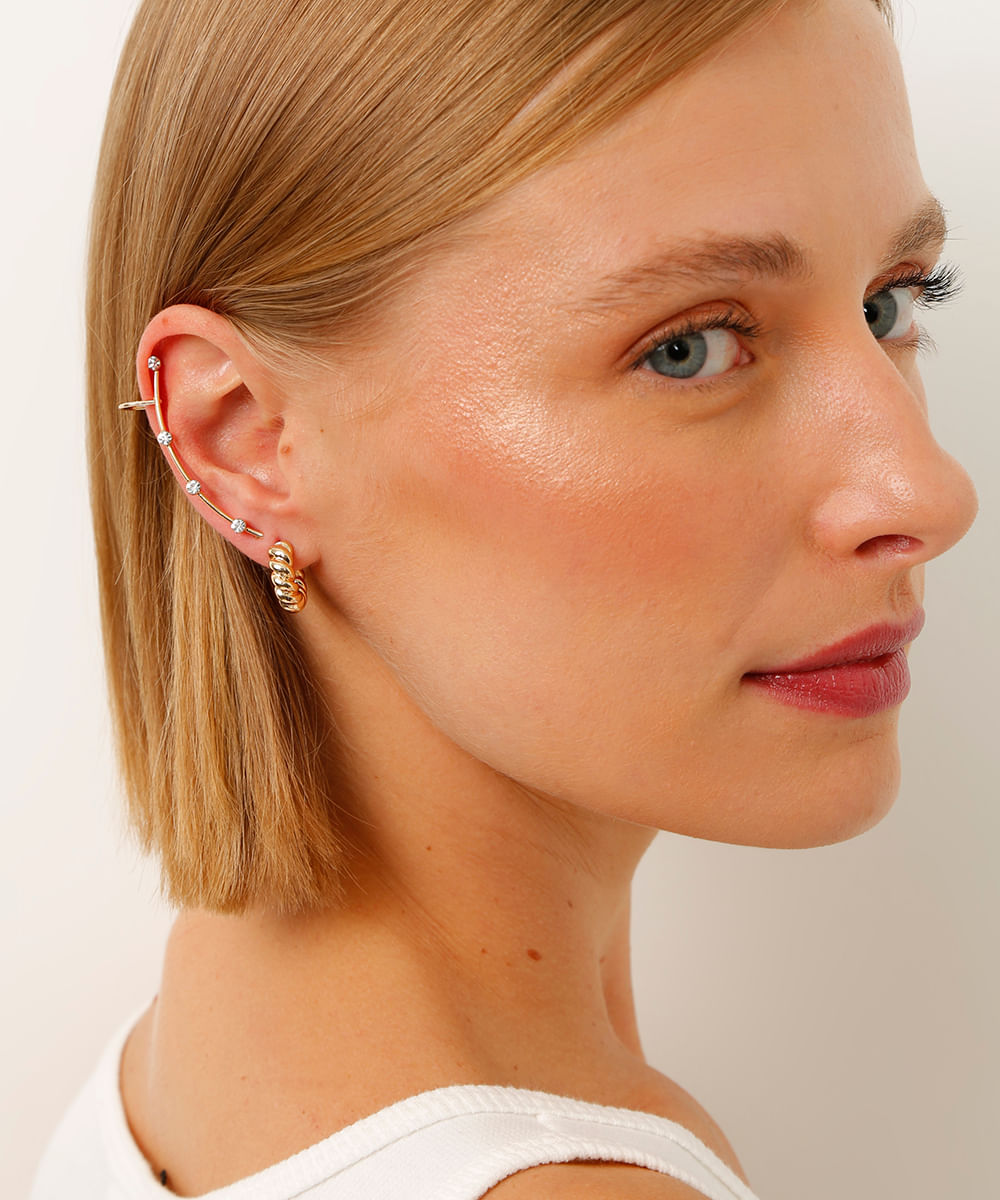 kit par de brinco e earcuff com strass dourado