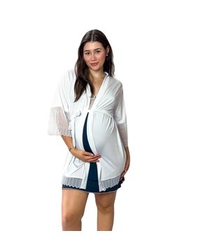 Kit Camisola Amamentação Maternidade + Robe Roupão Pijama Pós Parto - Moda de Baixo V206 Azul