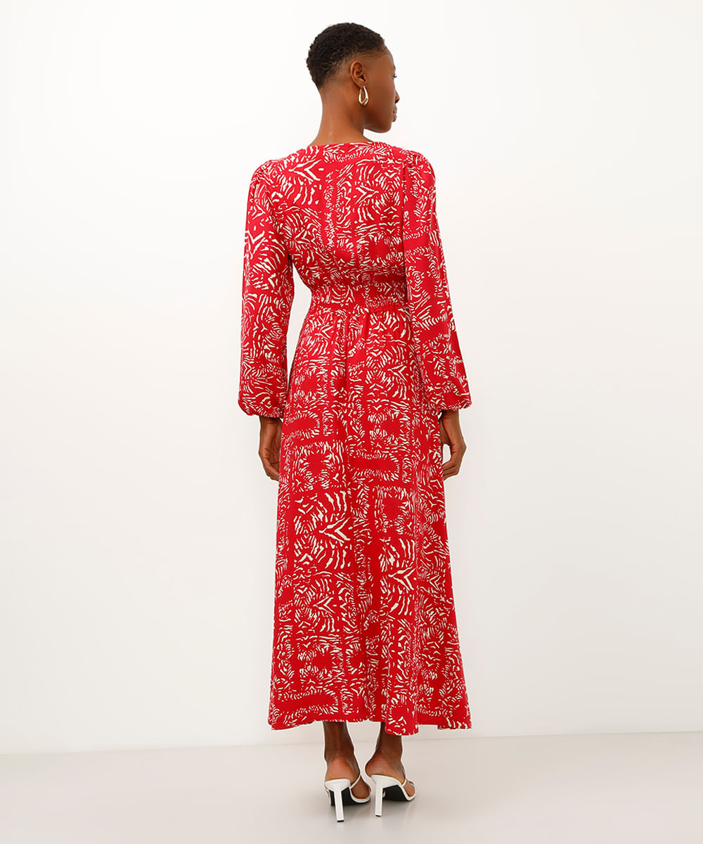 vestido longo de viscose folhagens vermelho