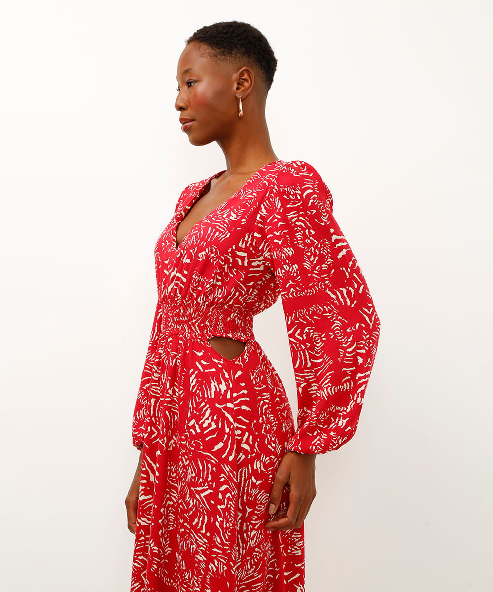 vestido longo de viscose folhagens vermelho
