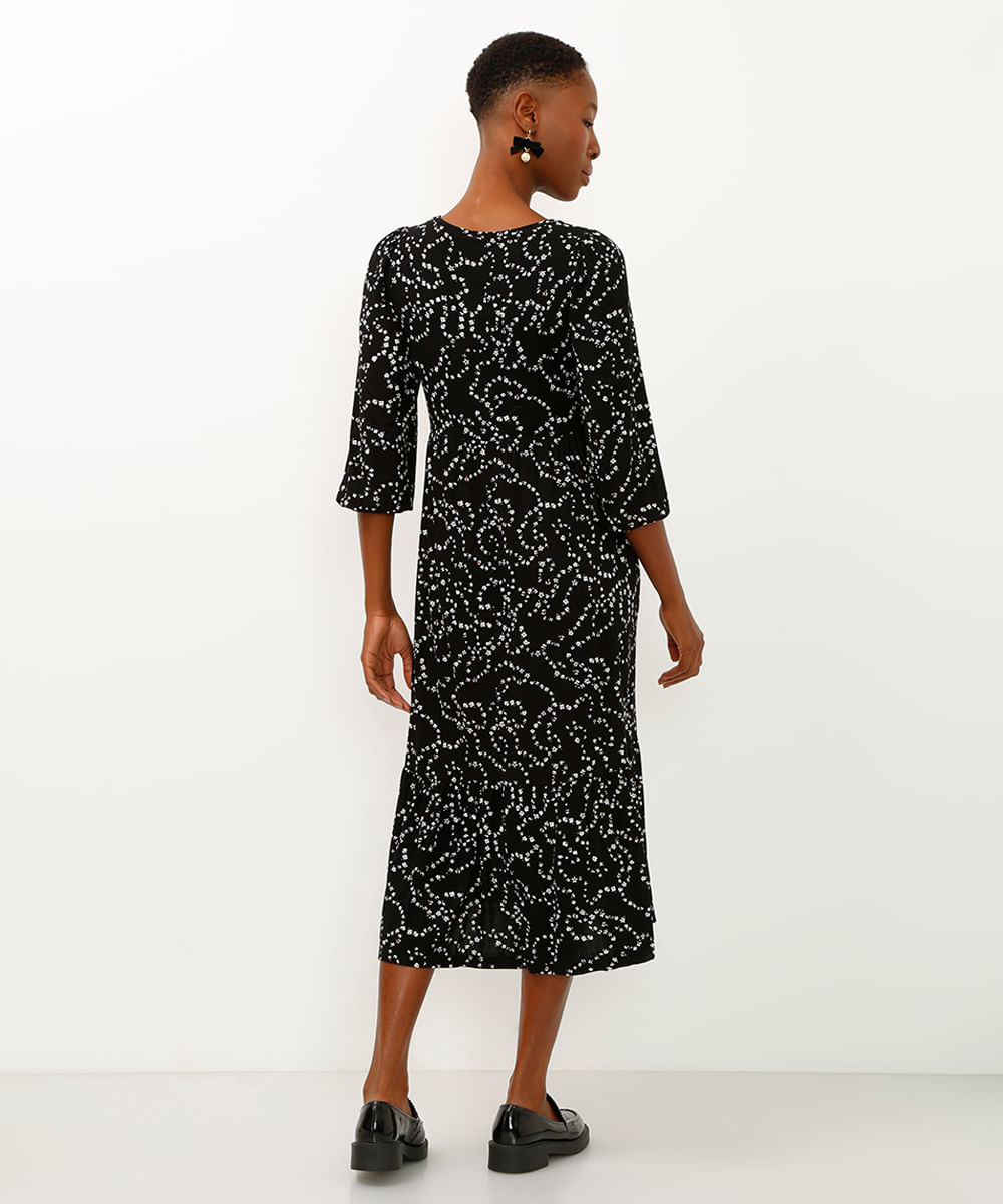 vestido midi de viscose floral com recorte preto