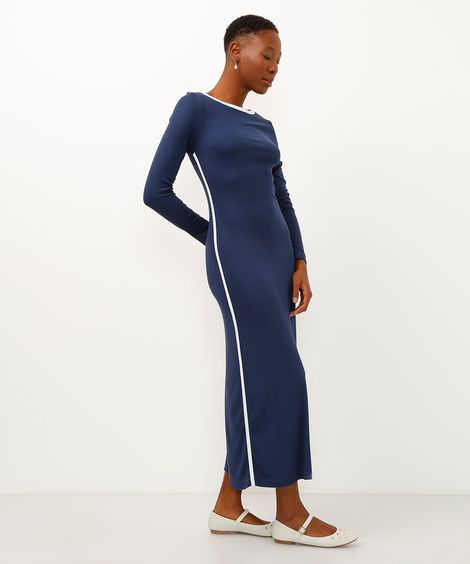 vestido midi de algodão canelado azul marinho