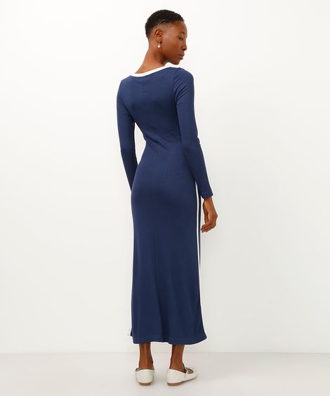 vestido midi de algodão canelado azul marinho