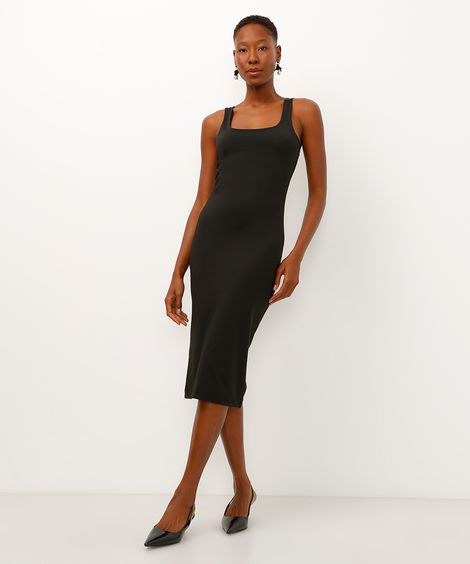 vestido midi de poliamida decote quadrado preto