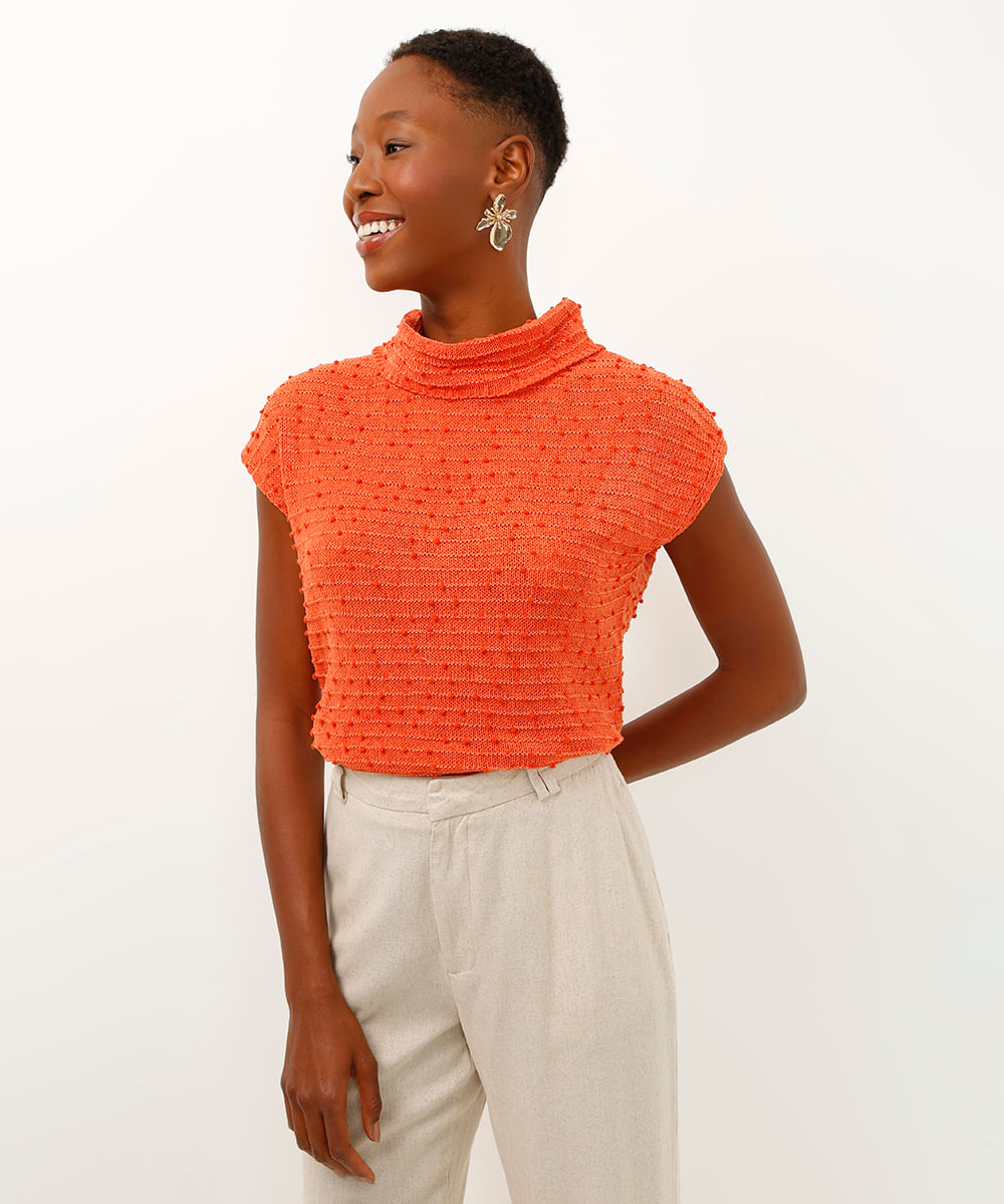 regata de tricot pompom gola alta rolê - terracota