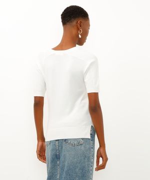 blusa de tricot decote v manga curta off white