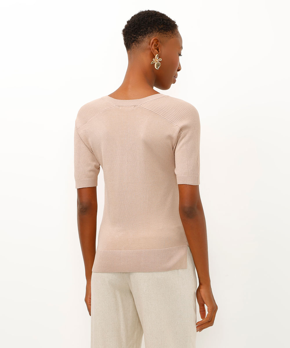 blusa de tricot decote v manga curta bege