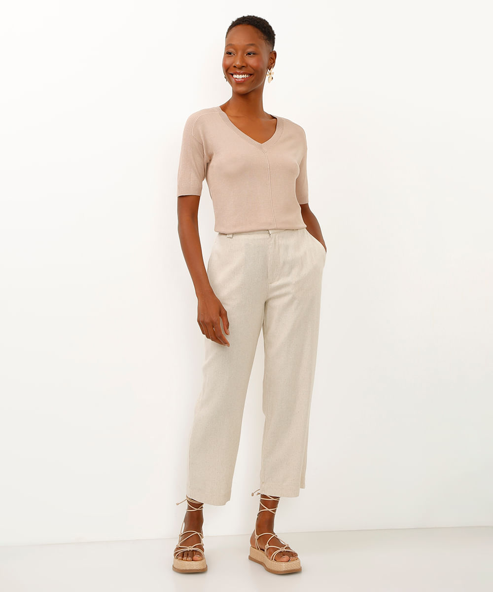 blusa de tricot decote v manga curta bege