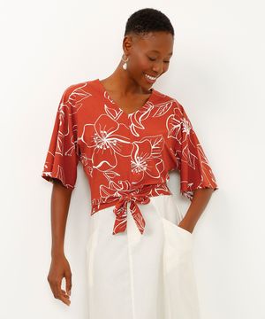 blusa de viscose floral com laço laranja
