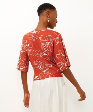 blusa de viscose floral com laço laranja