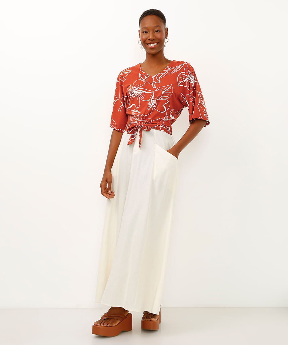 blusa de viscose floral com laço laranja