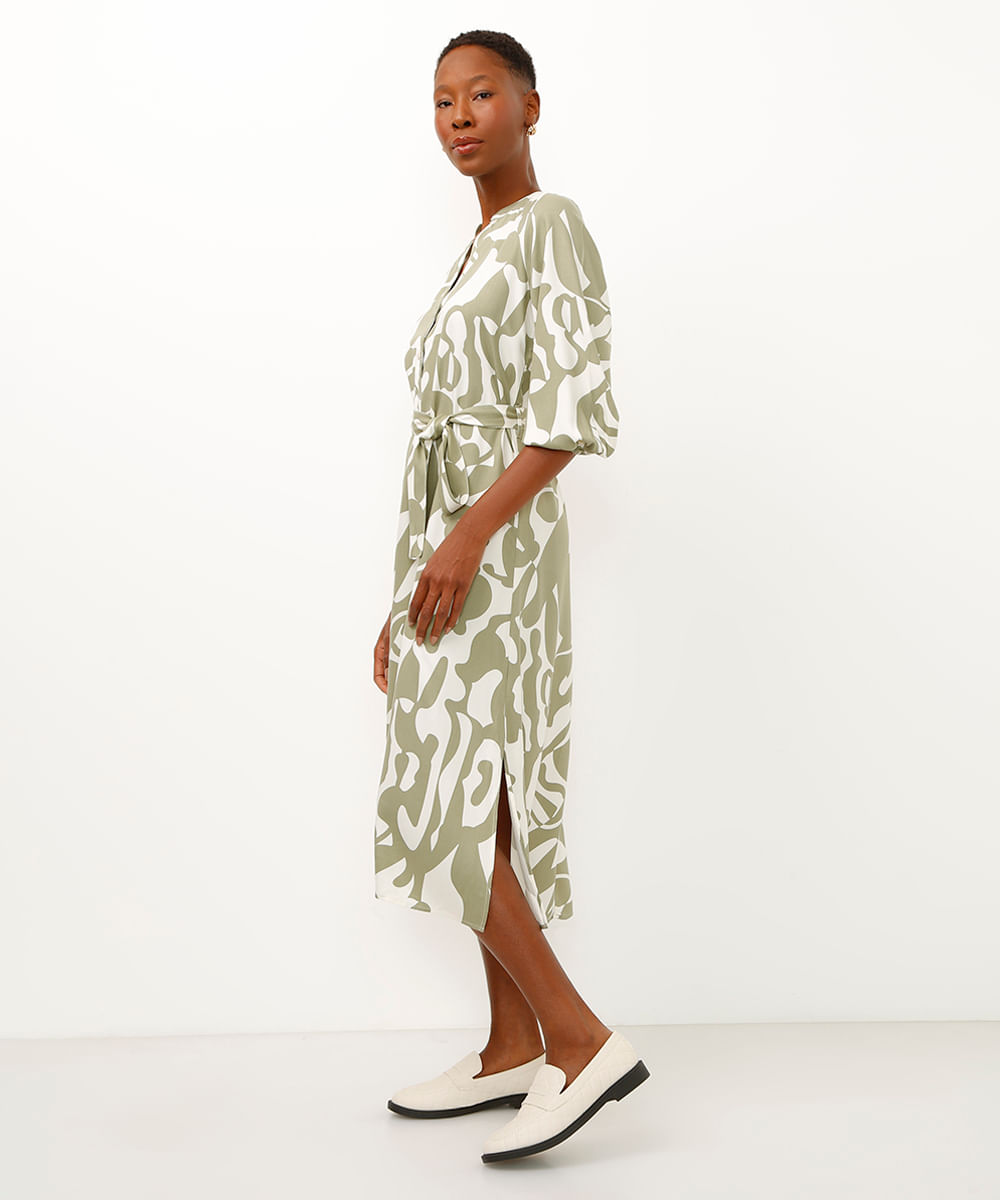 vestido chemise midi arabesco com faixa verde
