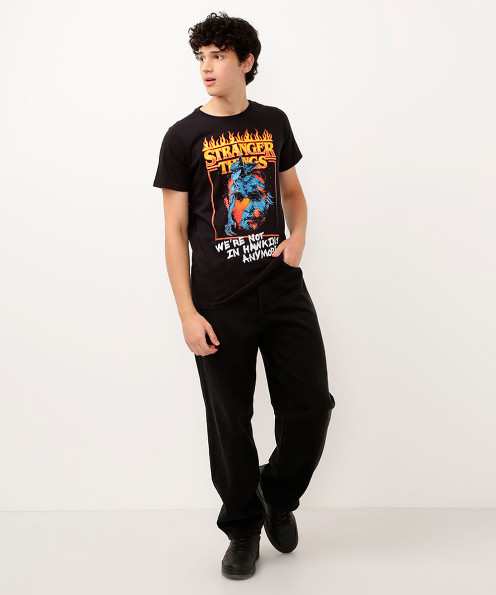 camiseta juvenil manga curta stranger things  preto