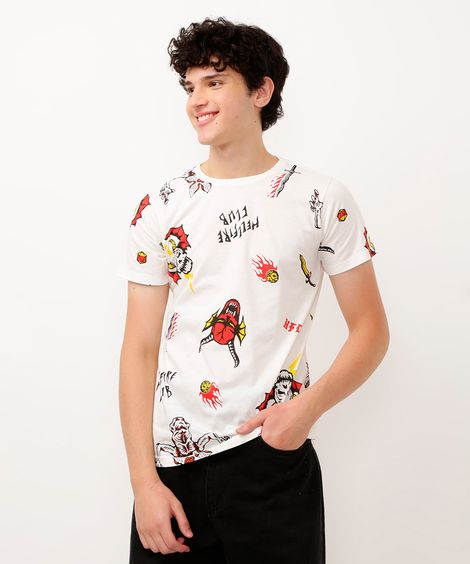 camiseta juvenil de algodão manga curta stranger things off white
