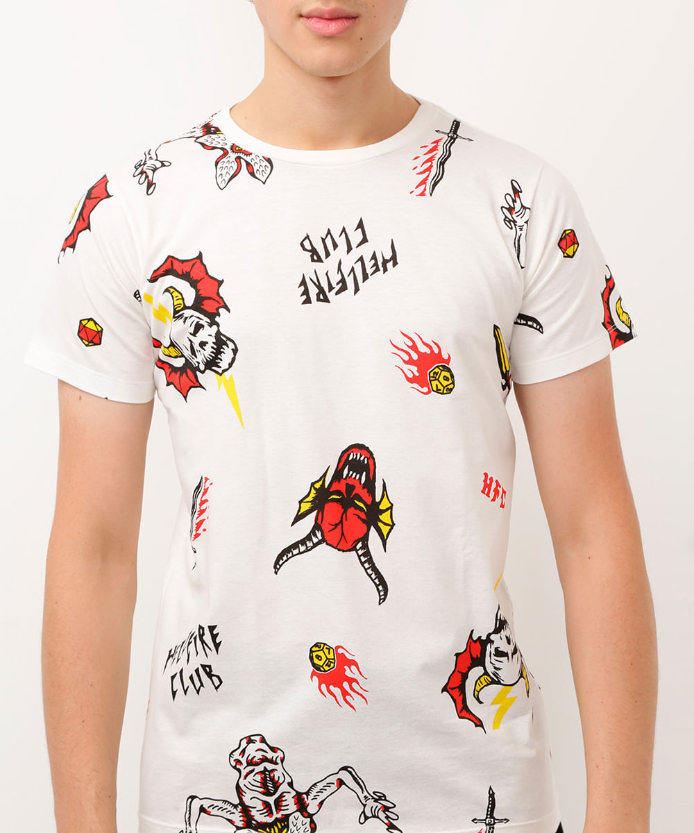 camiseta juvenil de algodão manga curta stranger things off white