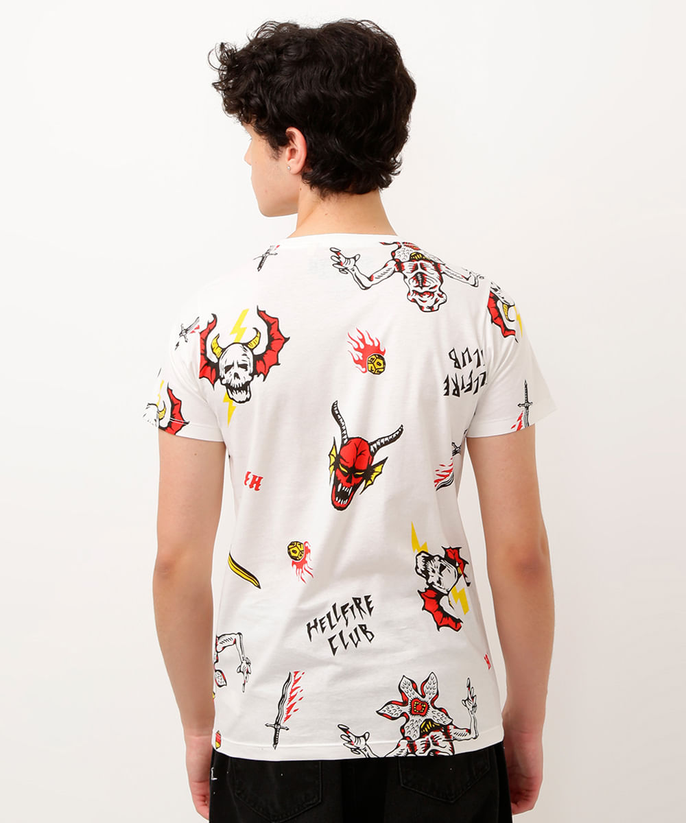 camiseta juvenil de algodão manga curta stranger things off white