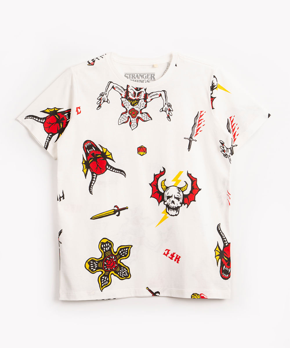 camiseta juvenil de algodão manga curta stranger things off white