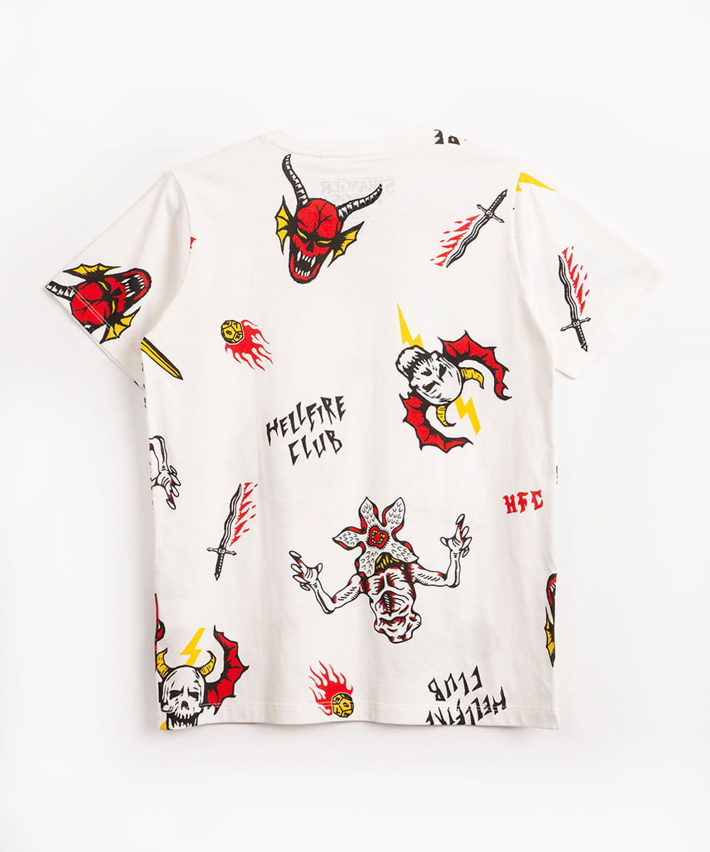 camiseta juvenil de algodão manga curta stranger things off white