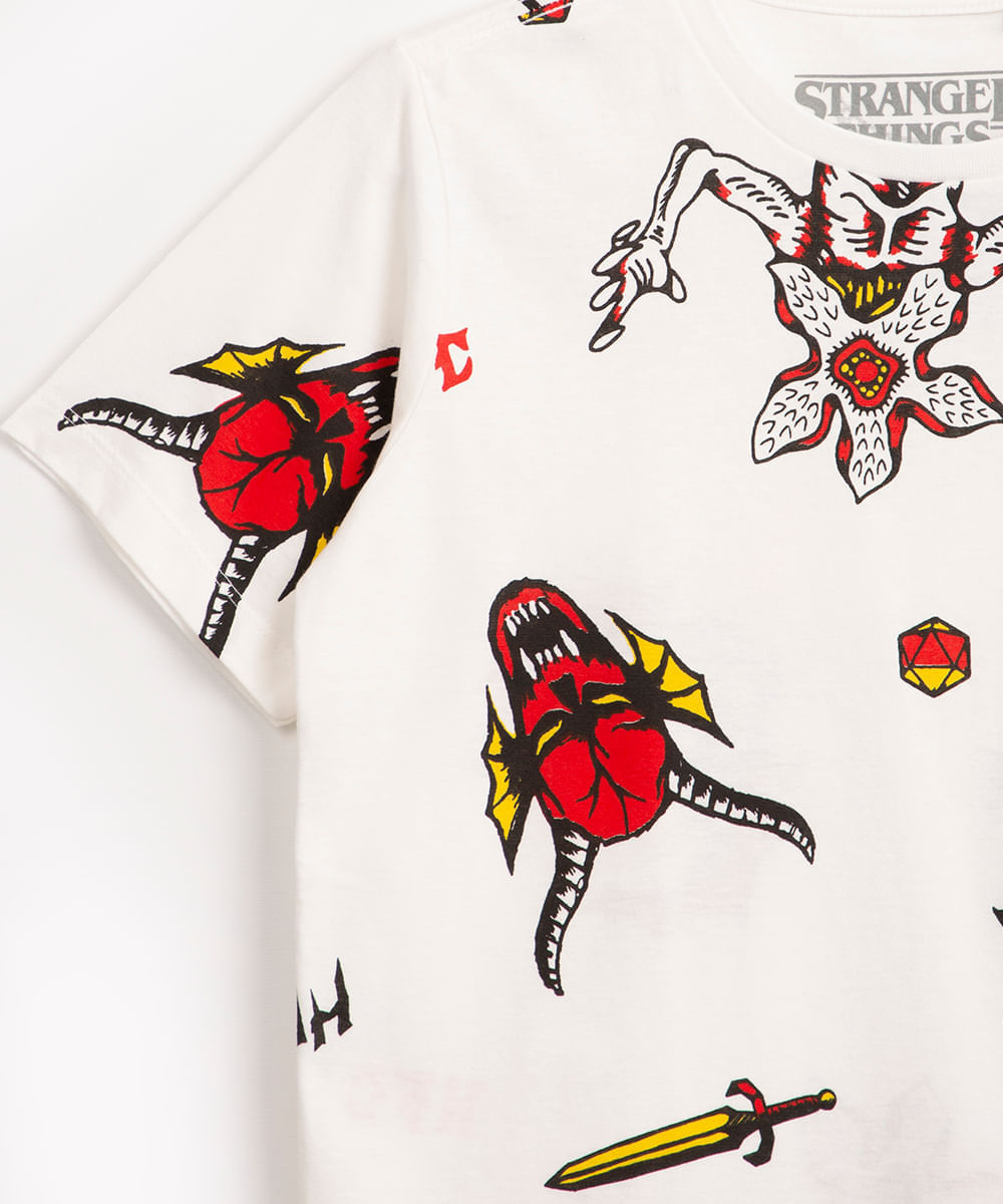 camiseta juvenil de algodão manga curta stranger things off white