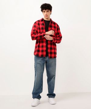 camisa juvenil xadrez flanelado com bolso manga longa vermelho