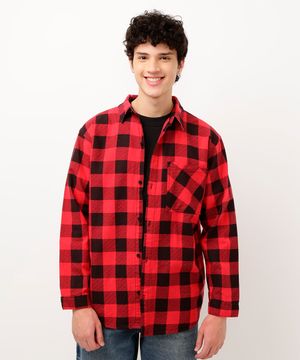 camisa juvenil xadrez flanelado com bolso manga longa vermelho
