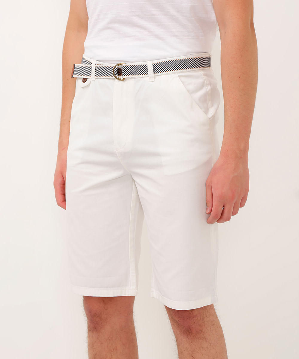 bermuda de sarja juvenil com bolsos e cinto off white