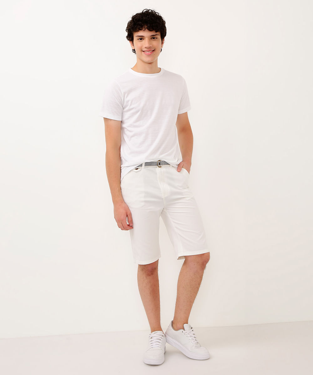 bermuda de sarja juvenil com bolsos e cinto off white
