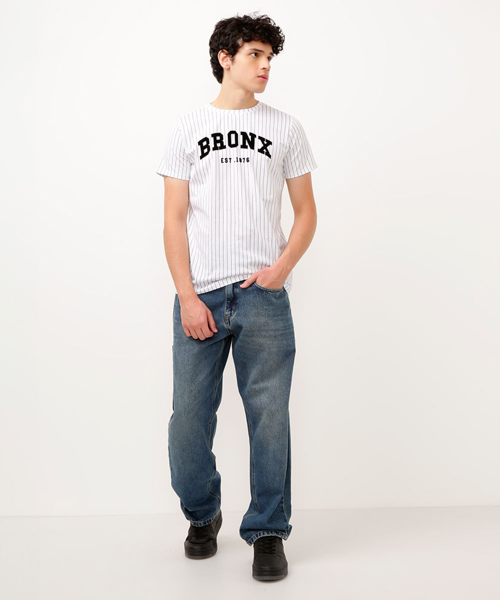 camiseta de algodão juvenil bronx listrada manga curta branco