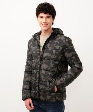 jaqueta puffer juvenil camuflada com capuz cinza