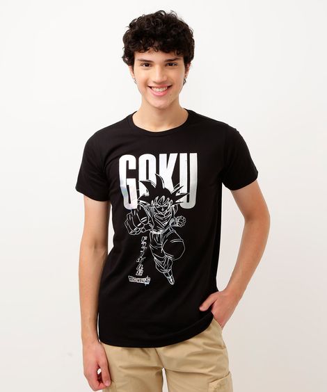 camiseta de algodão infantil goku metalizado manga curta preta