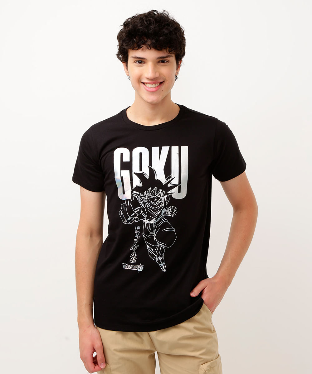 camiseta de algodão infantil goku metalizado manga curta preta
