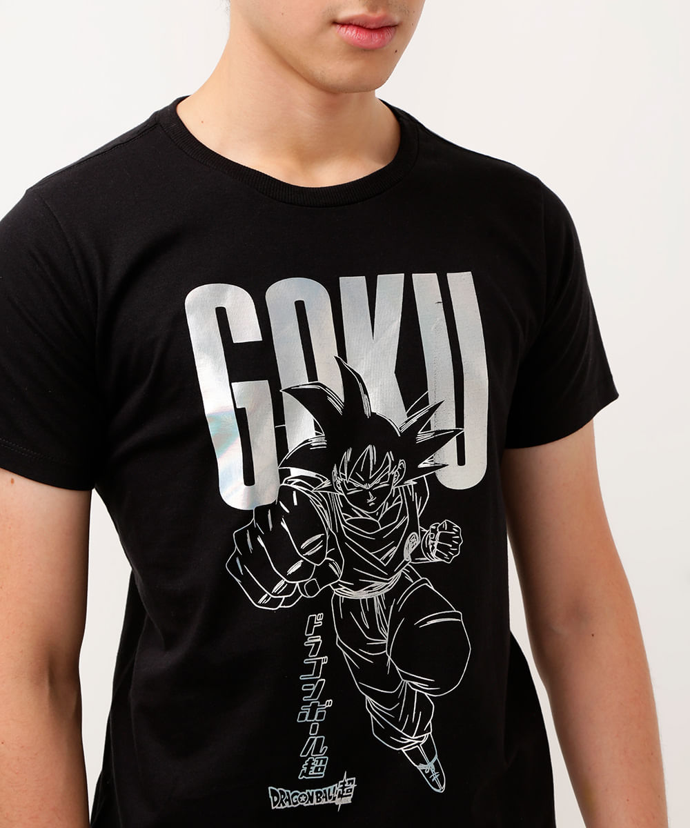 camiseta de algodão infantil goku metalizado manga curta preta
