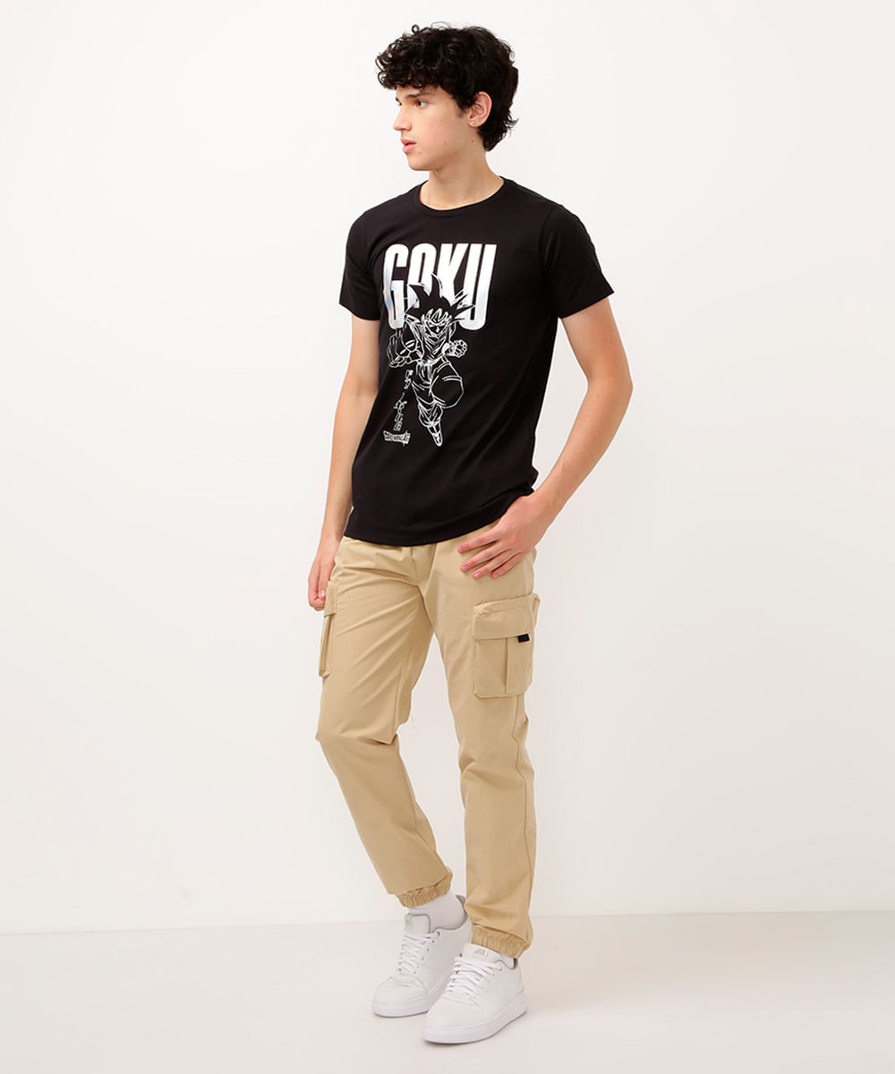 camiseta de algodão infantil goku metalizado manga curta preta