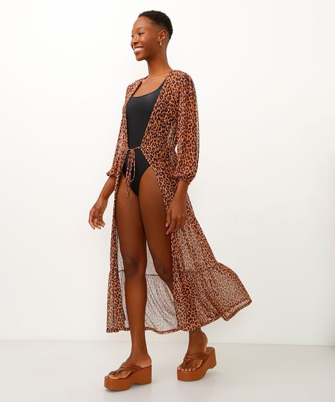 kaftan saída de praia longo de tule animal print marrom