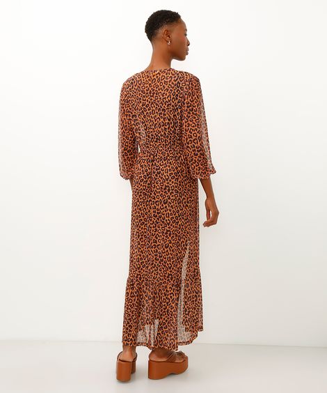 kaftan saída de praia longo de tule animal print marrom