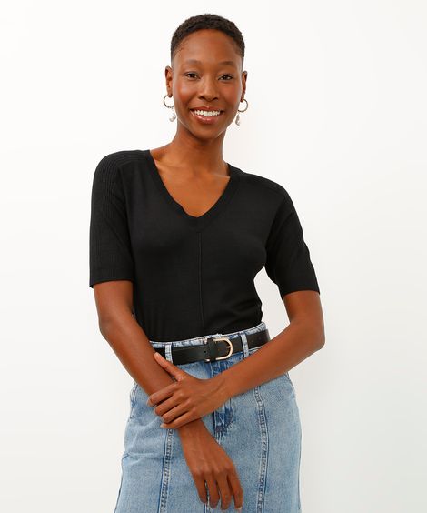 blusa de tricot decote v manga curta preta