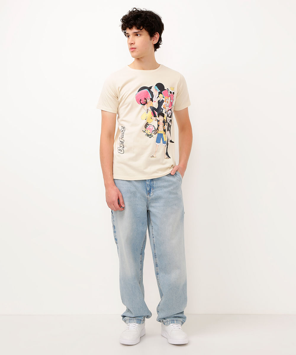 camiseta juvenil de algodão one piece manga curta bege