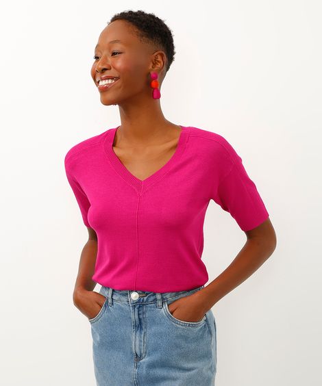 blusa de tricot decote v manga curta rosa