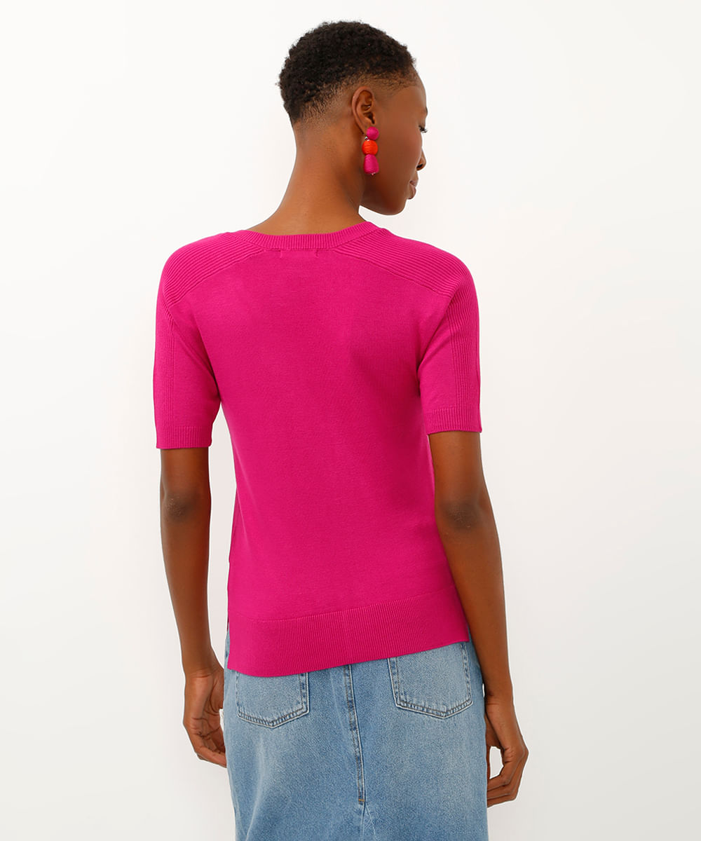 blusa de tricot decote v manga curta rosa