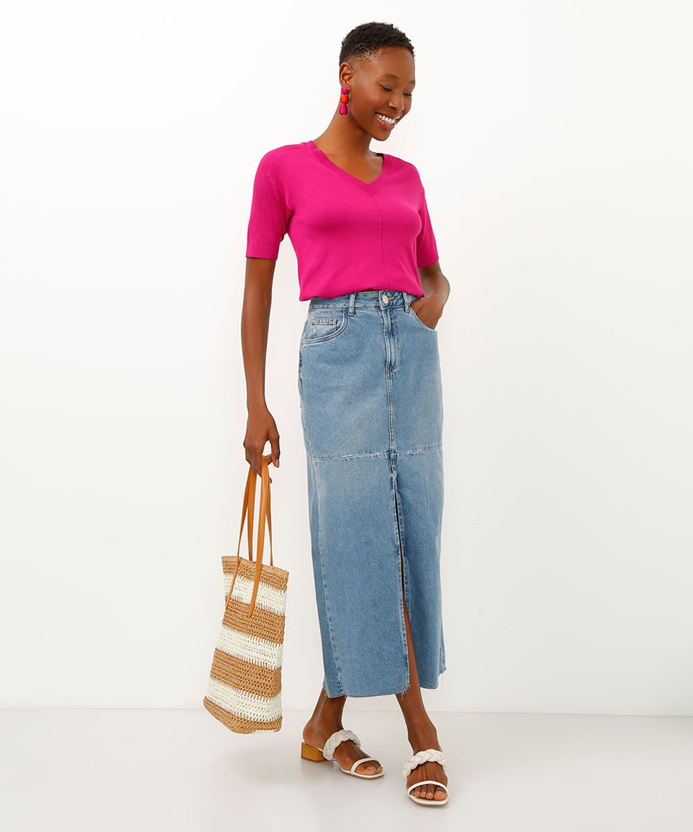 blusa de tricot decote v manga curta rosa