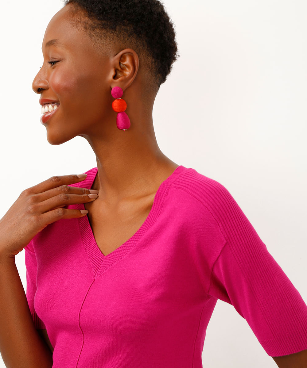 blusa de tricot decote v manga curta rosa
