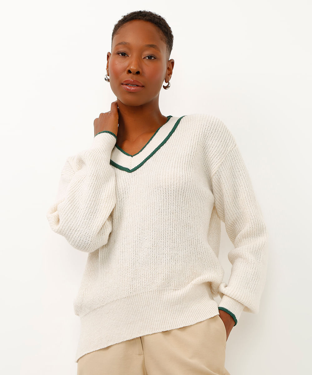 suéter de tricot decote v off white