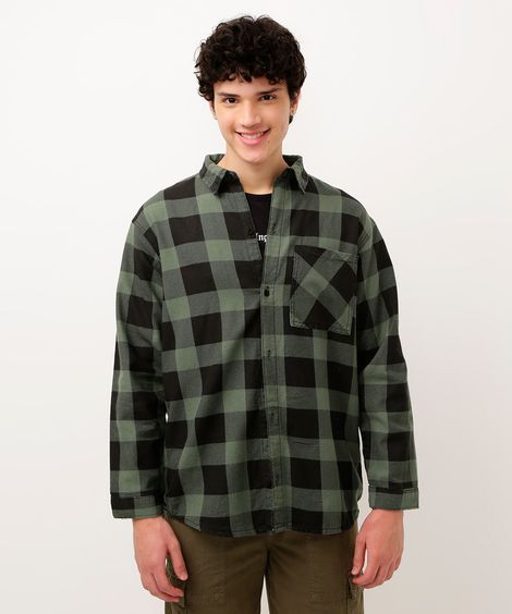 camisa xadrez juvenil manga longa verde
